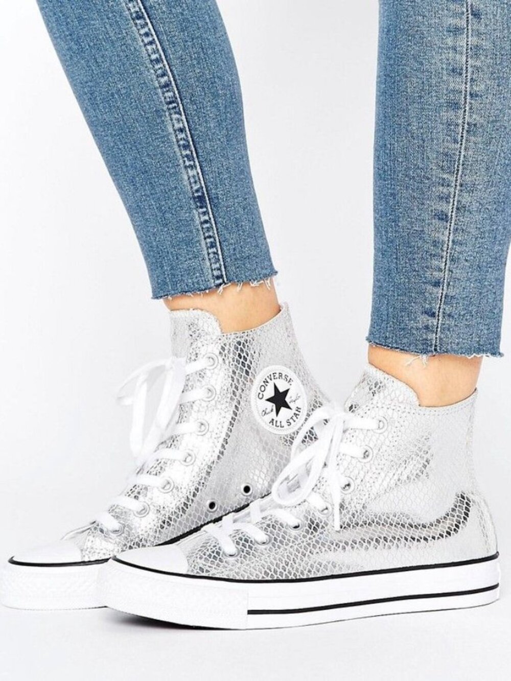 Metallic silver snakeskin pattern high top Converse